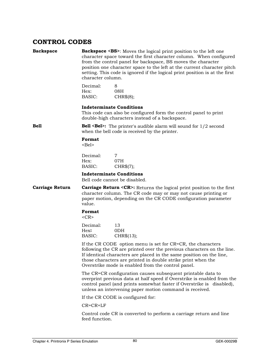 Control codes | Genicom GEK 00031B User Manual | Page 80 / 314