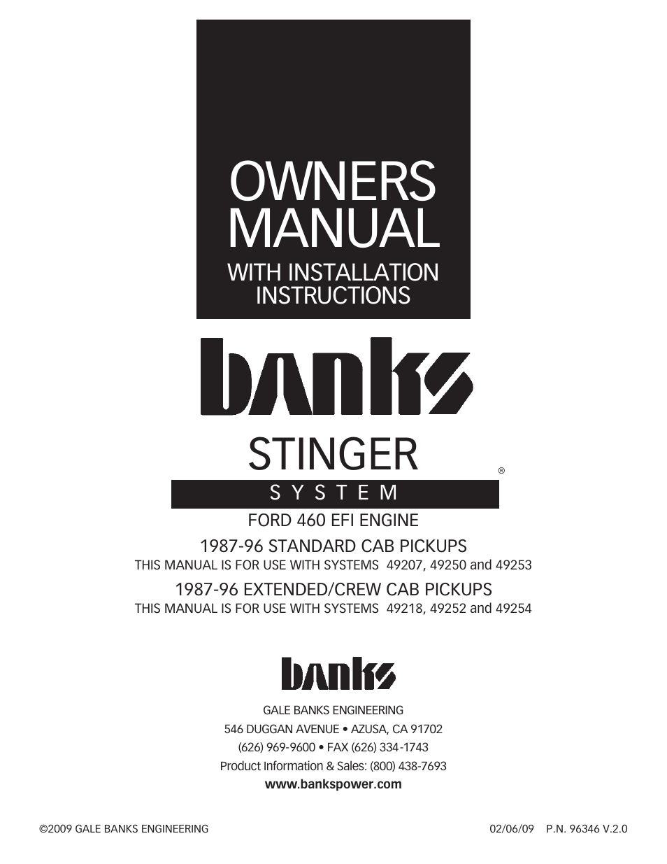 Banks Power Ford Trucks: (Gas ’87 - 97 7.5L EFI) Power Systems- Stinger system '87-96 SC, EC & CC (For Use w_ 460 EFI Engine) User Manual | 8 pages