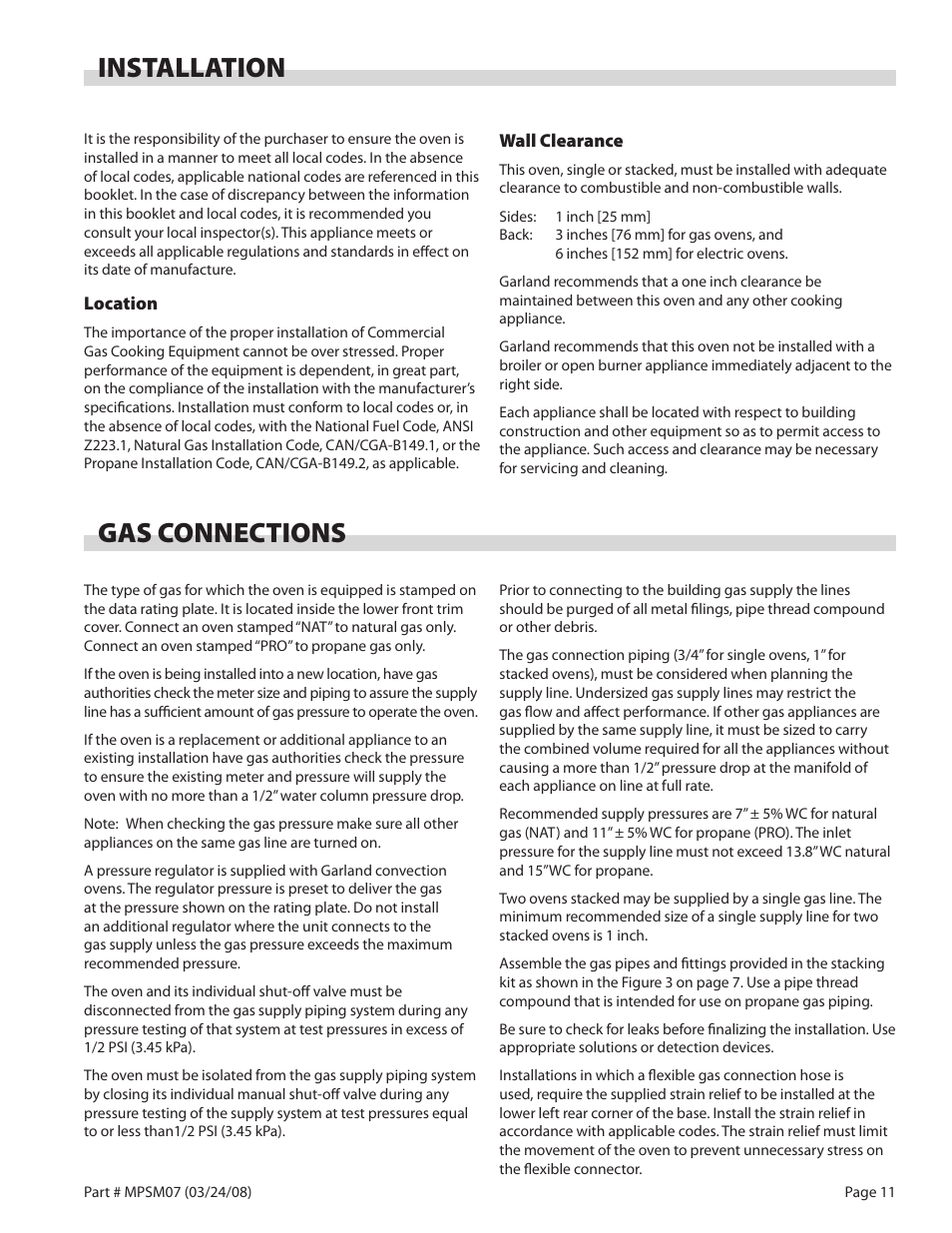 Installation, Gas connections | Garland MP-GD-10-S User Manual | Page 11 / 80