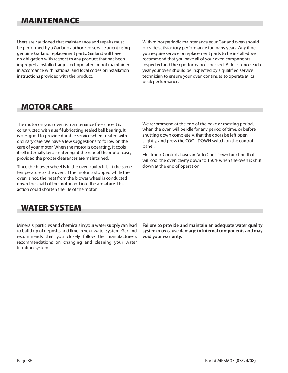 Maintenance, Motor care, Water system | Garland MP-GD-10-S User Manual | Page 36 / 80