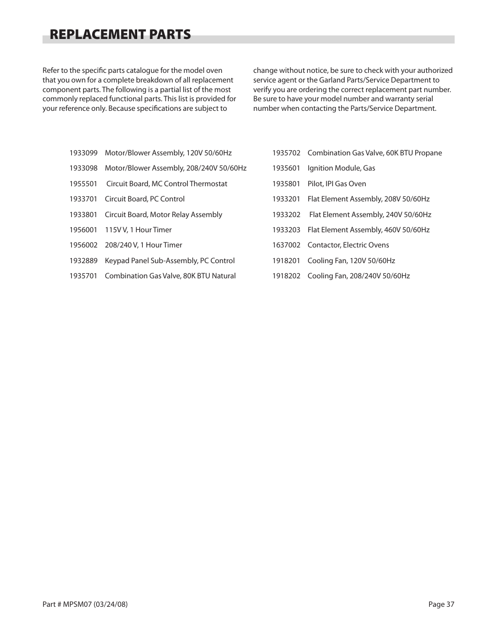 Replacement parts | Garland MP-GD-10-S User Manual | Page 37 / 80