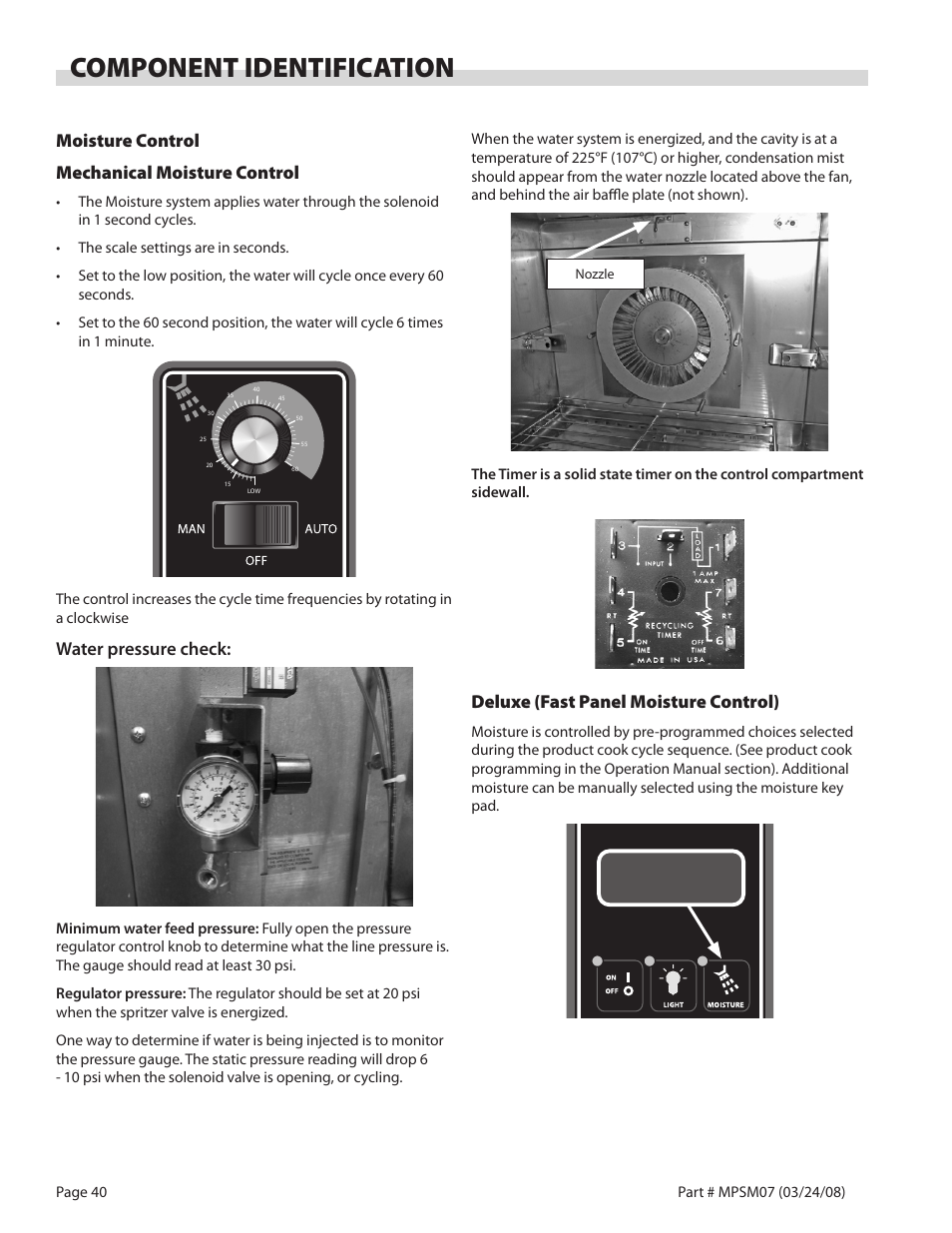 Component identification, Deluxe (fast panel moisture control), Moisture control mechanical moisture control | Water pressure check | Garland MP-GD-10-S User Manual | Page 40 / 80