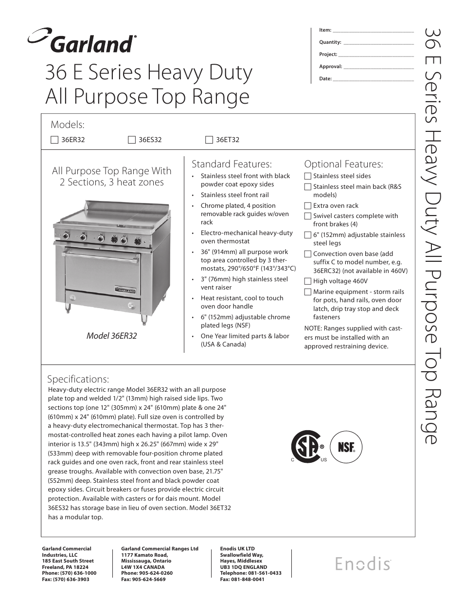 Garland Enodis 36ES3 User Manual | 2 pages