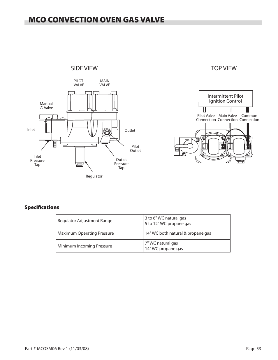 Mco convection oven gas valve, Side view top view | Garland 200 User Manual | Page 53 / 124