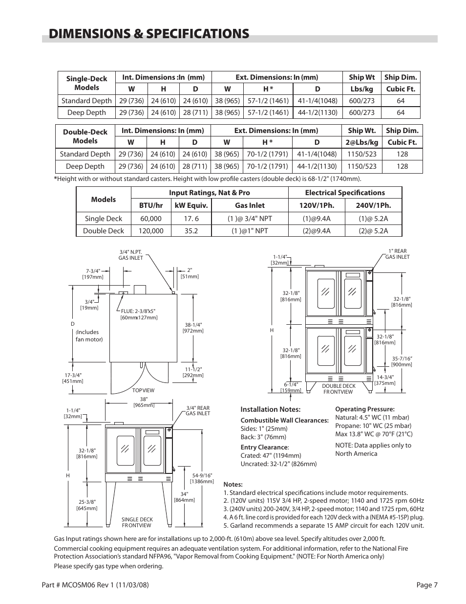 Dimensions & specifications | Garland 200 User Manual | Page 7 / 124