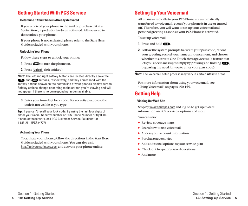 Getting started with pcs service, Setting up your voicemail, Getting help | Sanyo Scp 8100 User Manual | Page 10 / 115