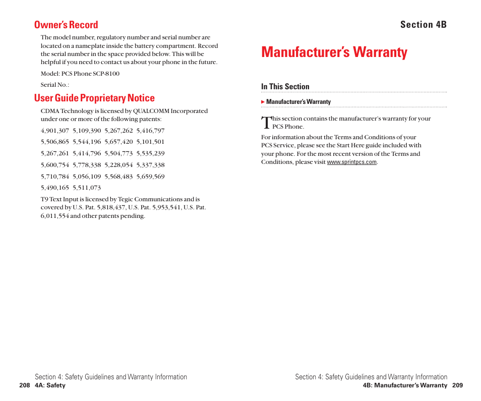 Owner’s record, User guide proprietary notice, 4b. manufacturer’s warranty | Manufacturer’s warranty | Sanyo Scp 8100 User Manual | Page 112 / 115