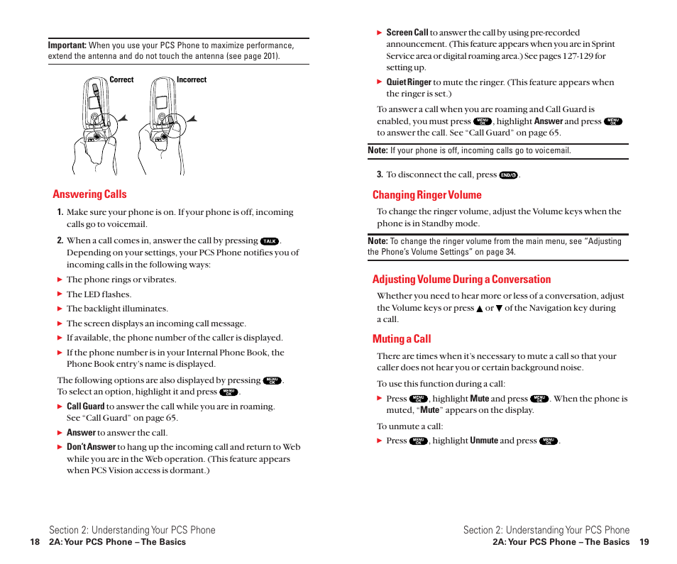 Answering calls, Changing ringer volume, Adjusting volume during a conversation | Muting a call | Sanyo Scp 8100 User Manual | Page 17 / 115