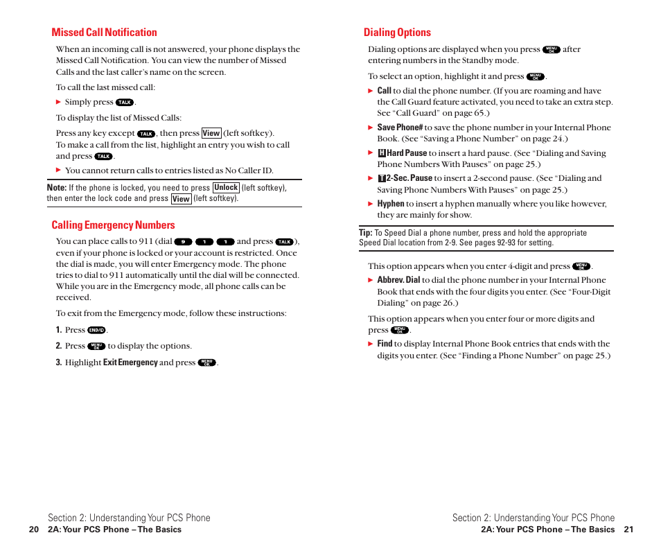 Missed call notification, Calling emergency numbers, Dialing options | Sanyo Scp 8100 User Manual | Page 18 / 115