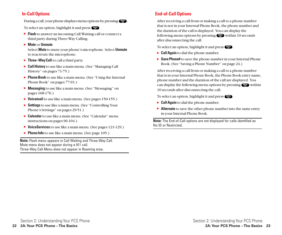 In-call options, End-of-call options | Sanyo Scp 8100 User Manual | Page 19 / 115
