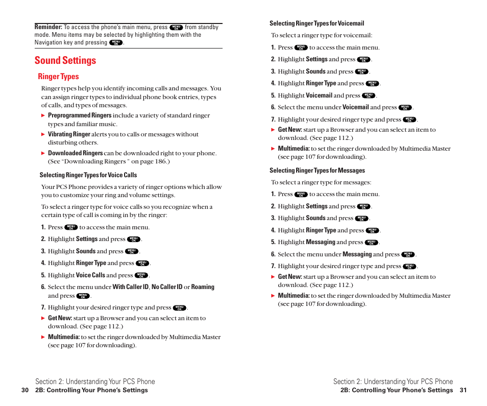 Sound settings, Ringer types | Sanyo Scp 8100 User Manual | Page 23 / 115
