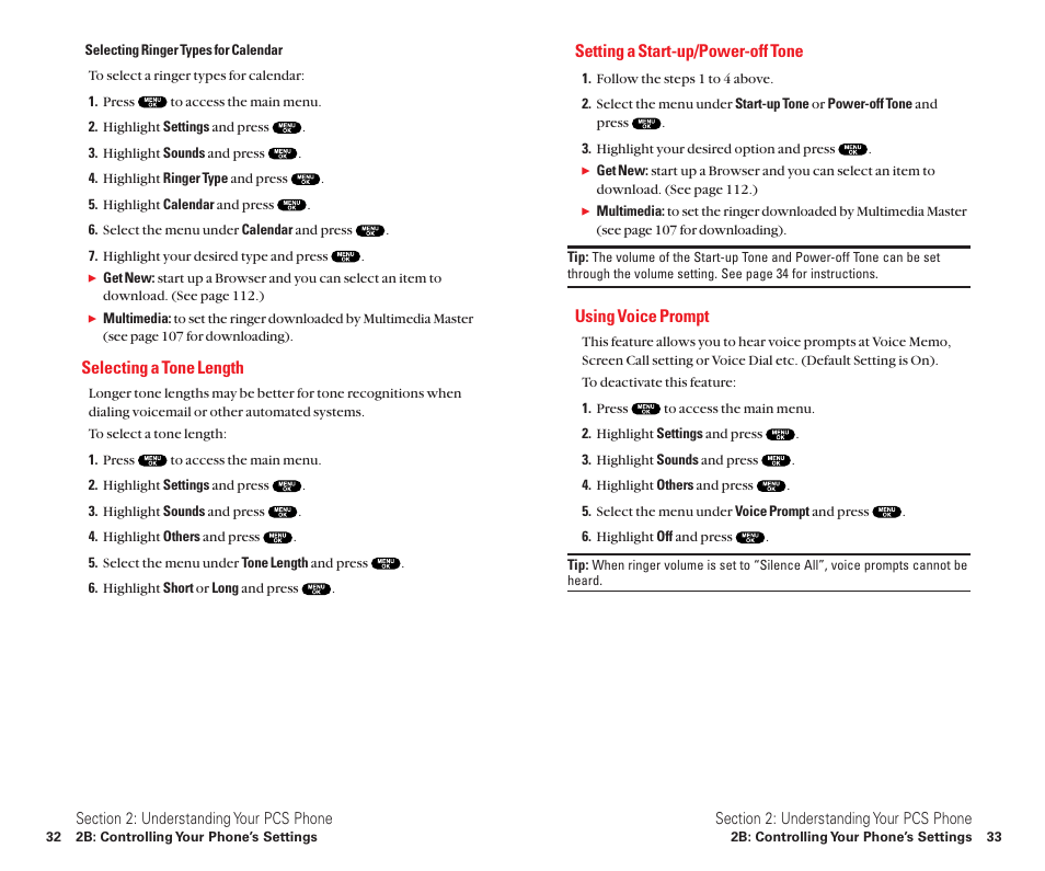 Selecting a tone length, Setting a start-up/power-off tone, Using voice prompt | Sanyo Scp 8100 User Manual | Page 24 / 115