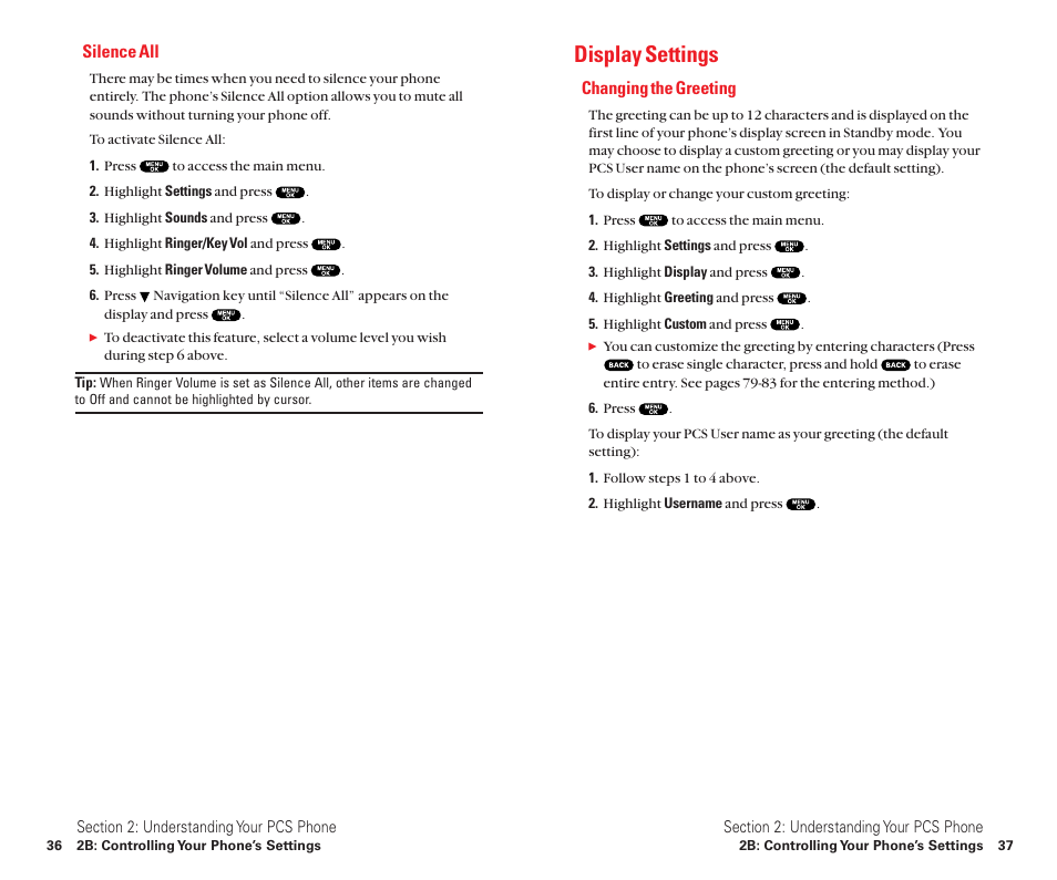 Silence all, Display settings, Changing the greeting | Sanyo Scp 8100 User Manual | Page 26 / 115
