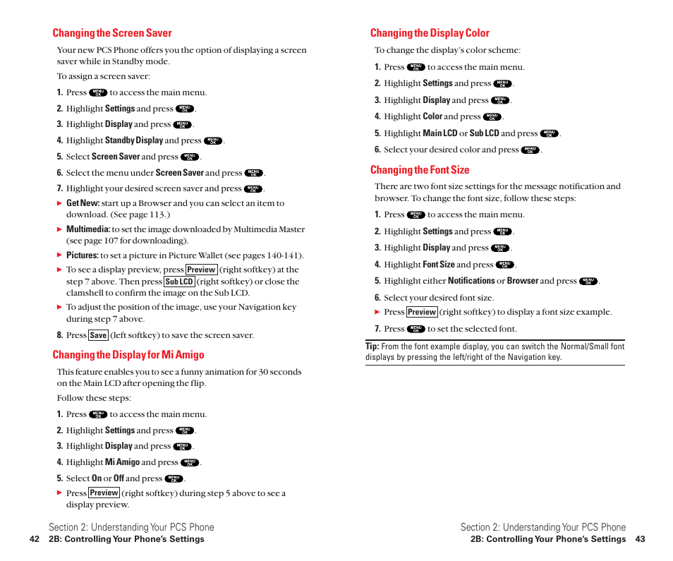 Changing the screen saver, Changing the display for mi amigo, Changing the display color | Changing the font size | Sanyo Scp 8100 User Manual | Page 29 / 115