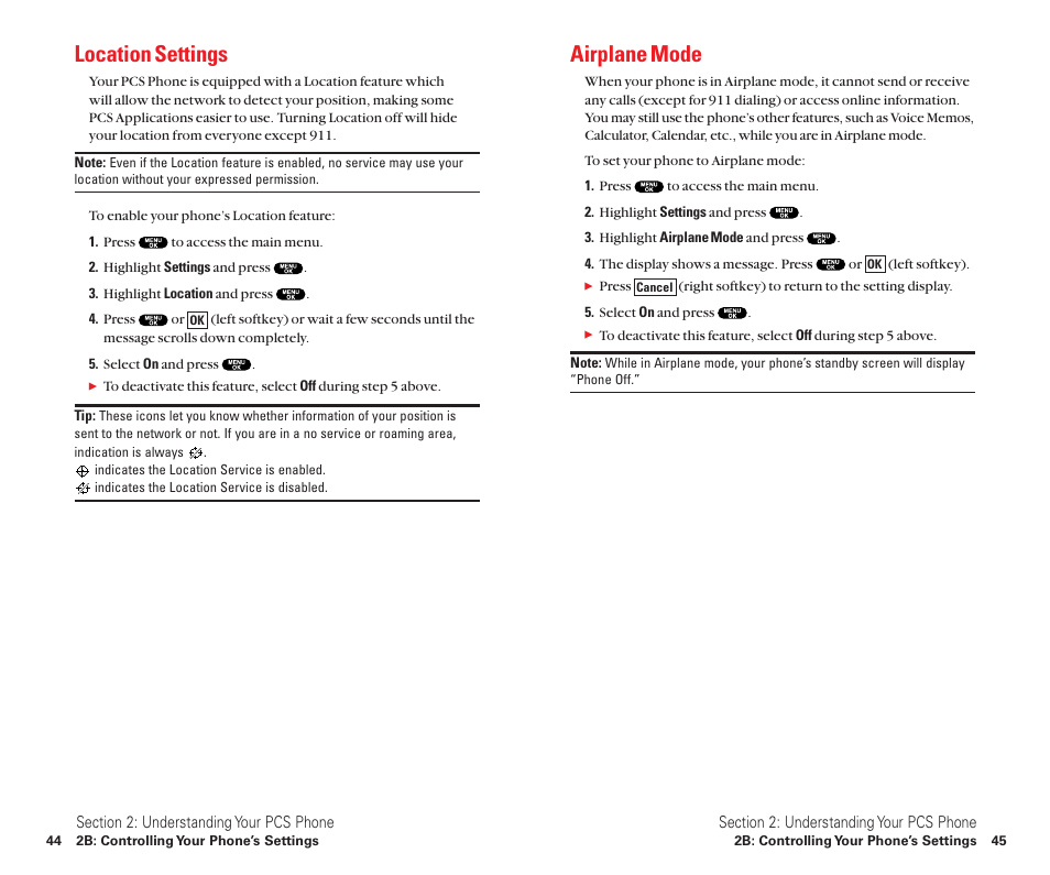 Location settings, Airplane mode | Sanyo Scp 8100 User Manual | Page 30 / 115