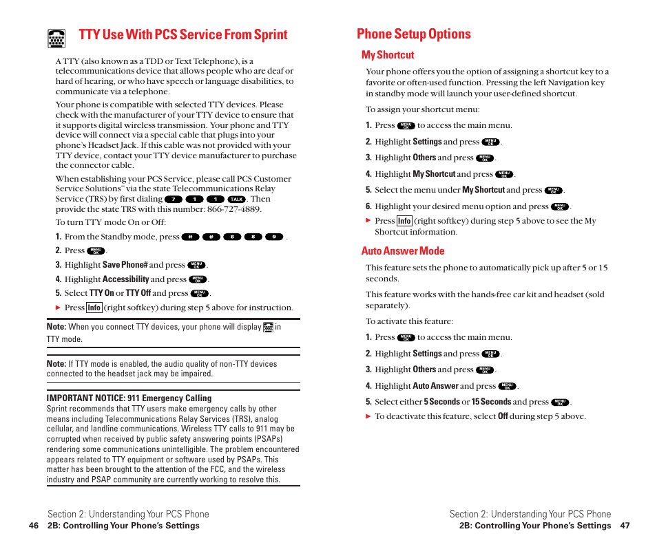 Tty use with pcs service from sprint, Phone setup options, My shortcut | Auto answer mode | Sanyo Scp 8100 User Manual | Page 31 / 115