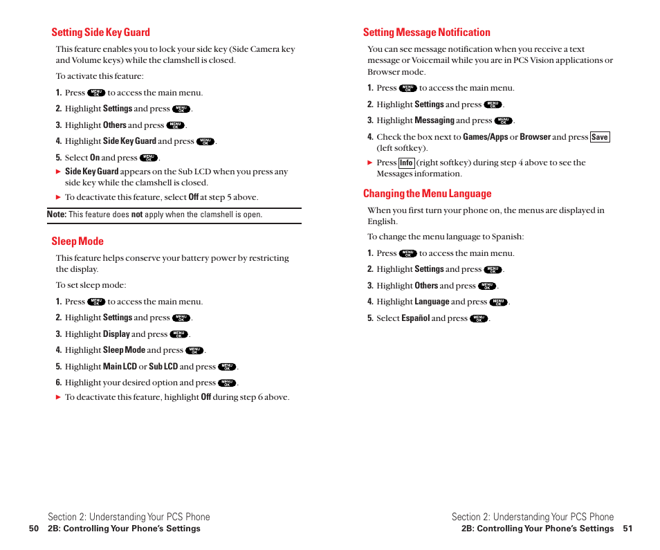 Setting side key guard, Sleep mode, Setting message notification | Changing the menu language | Sanyo Scp 8100 User Manual | Page 33 / 115