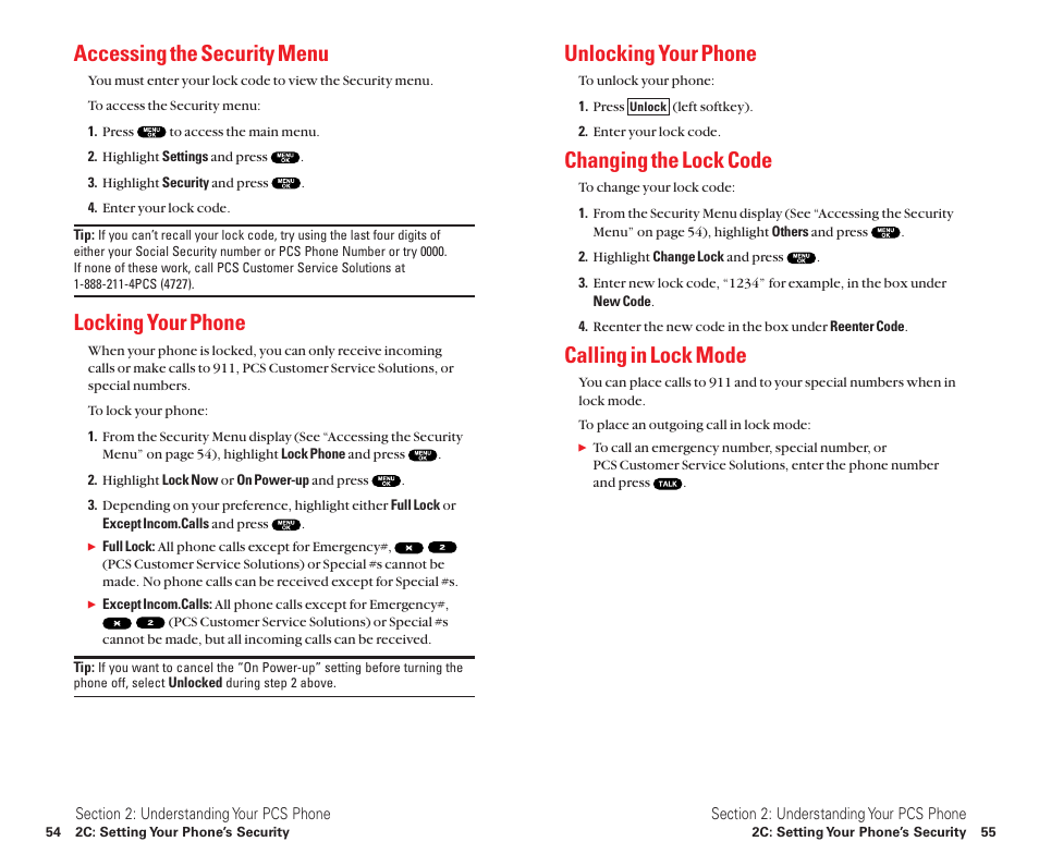 Accessing the security menu, Locking your phone, Unlocking your phone | Changing the lock code, Calling in lock mode | Sanyo Scp 8100 User Manual | Page 35 / 115