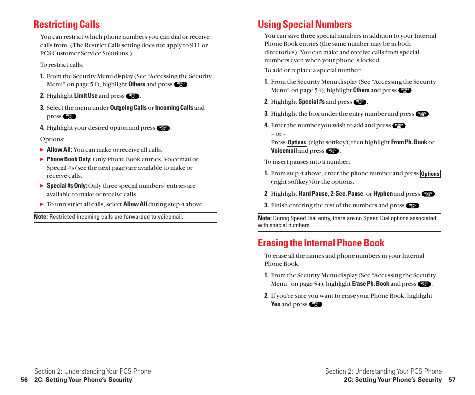 Using special numbers, Erasing the internal phone book, Restricting calls | Sanyo Scp 8100 User Manual | Page 36 / 115
