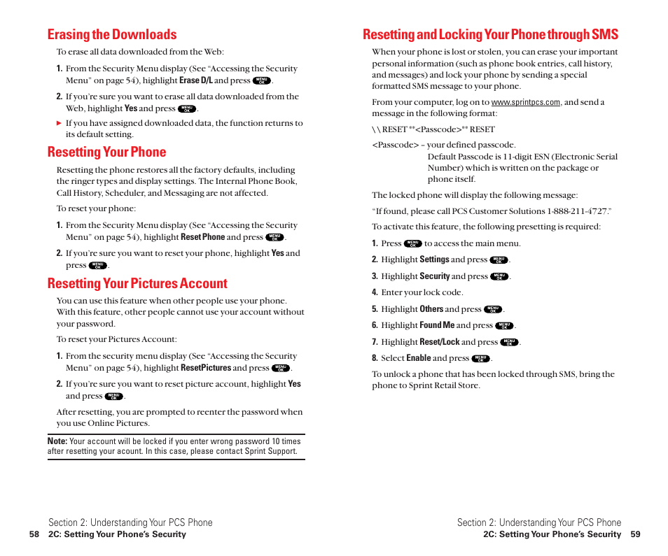 Erasing the downloads, Resetting your phone, Resetting your pictures account | Resetting and locking your phone through sms | Sanyo Scp 8100 User Manual | Page 37 / 115