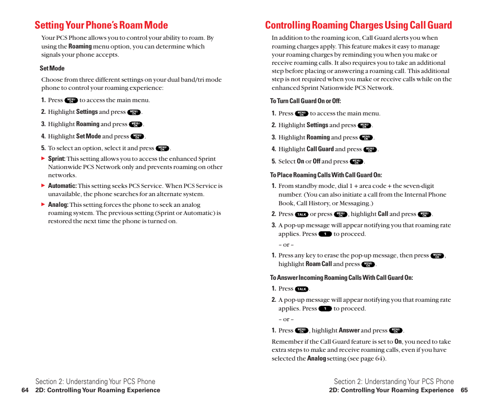 Setting your phone’s roam mode, Controlling roaming charges using call guard | Sanyo Scp 8100 User Manual | Page 40 / 115