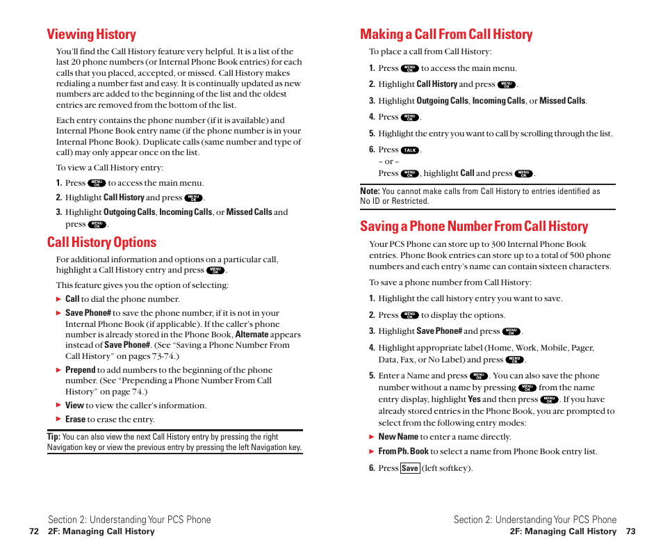 Viewing history, Call history options, Making a call from call history | Saving a phone number from call history | Sanyo Scp 8100 User Manual | Page 44 / 115