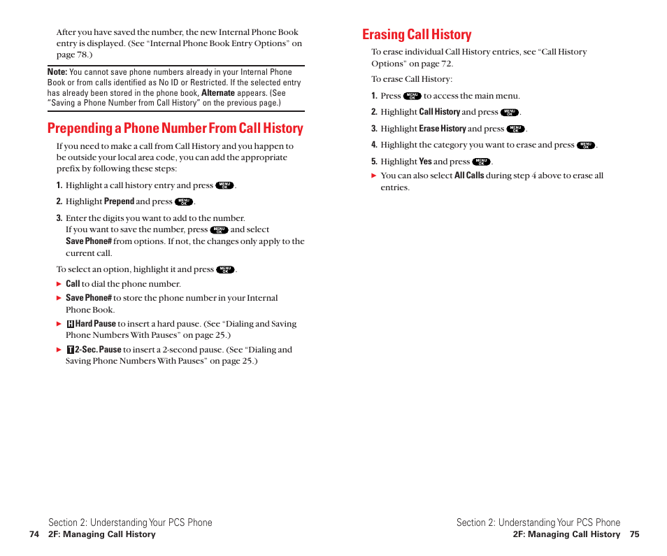 Prepending a phone number from call history, Erasing call history | Sanyo Scp 8100 User Manual | Page 45 / 115