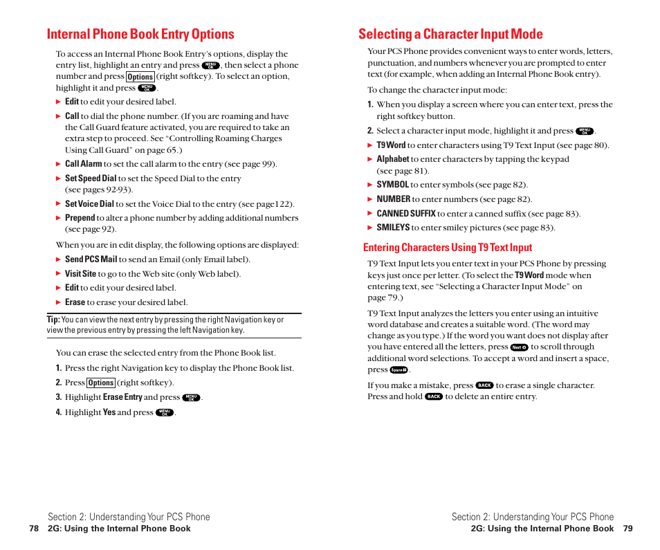 Internal phone book entry options, Selecting a character input mode, Entering characters using t9 text input | Sanyo Scp 8100 User Manual | Page 47 / 115