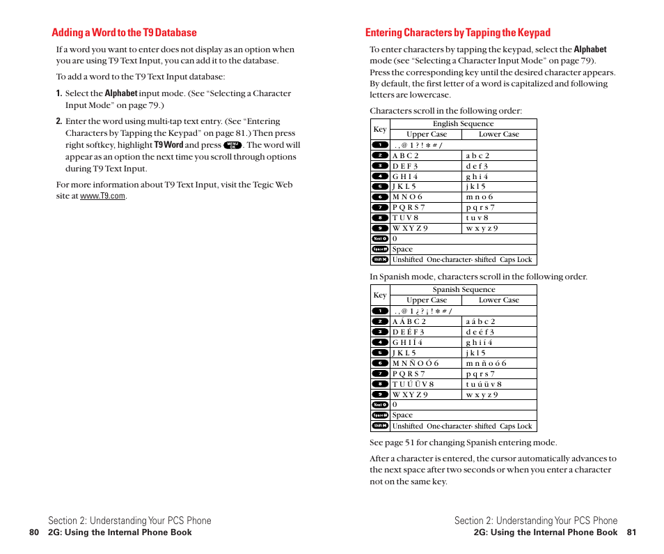 Adding a word to the t9 database, Entering characters by tapping the keypad | Sanyo Scp 8100 User Manual | Page 48 / 115