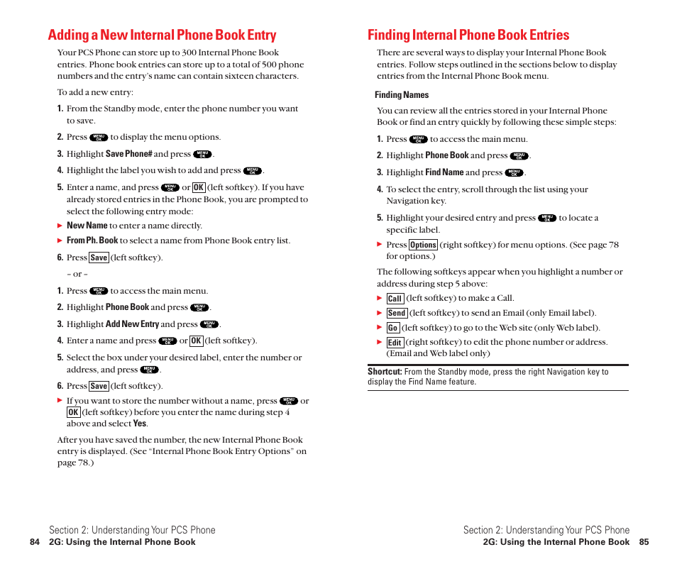 Adding a new internal phone book entry, Finding internal phone book entries | Sanyo Scp 8100 User Manual | Page 50 / 115