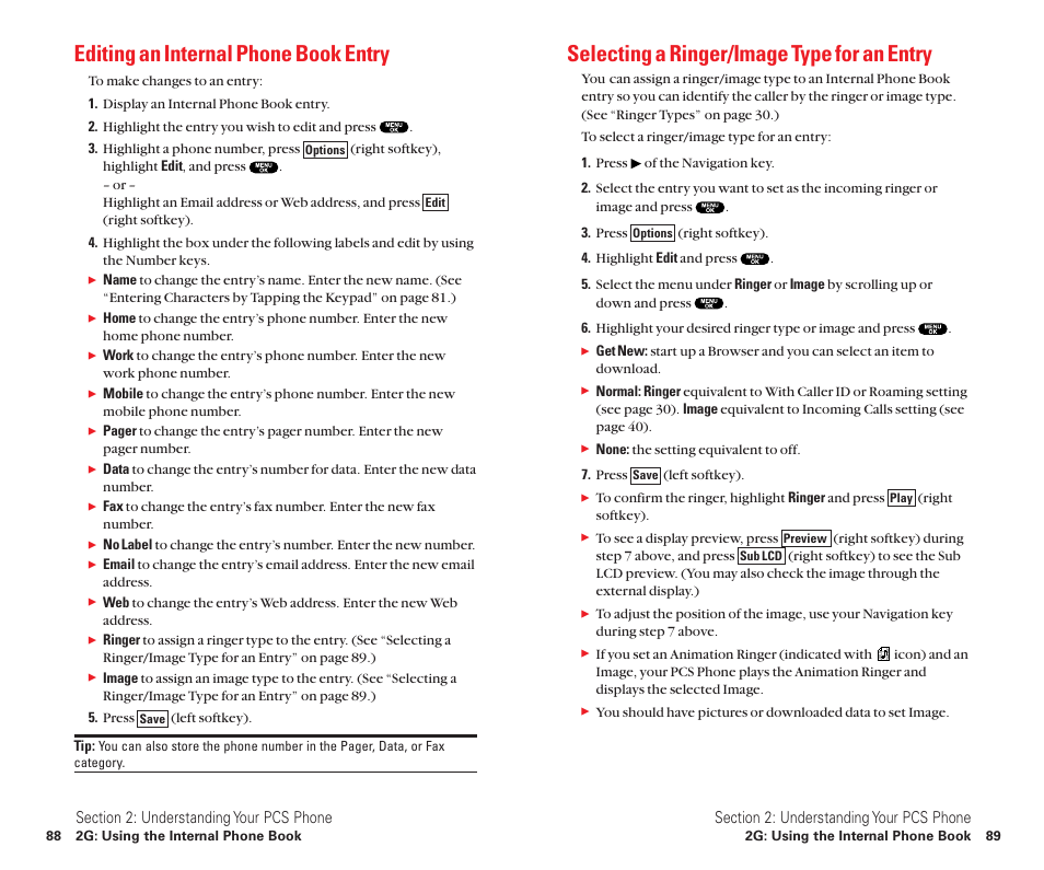 Editing an internal phone book entry, Selecting a ringer/image type for an entry | Sanyo Scp 8100 User Manual | Page 52 / 115