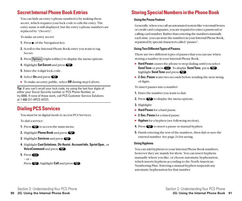 Secret internal phone book entries, Dialing pcs services, Storing special numbers in the phone book | Sanyo Scp 8100 User Manual | Page 53 / 115