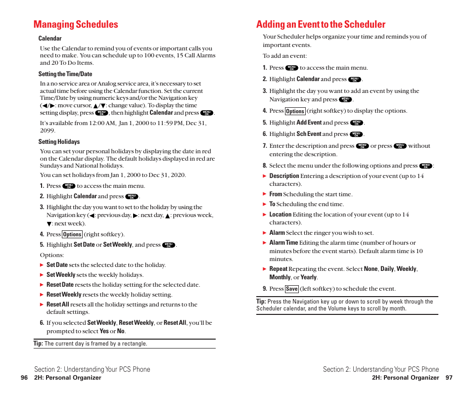 Managing schedules, Adding an event to the scheduler | Sanyo Scp 8100 User Manual | Page 56 / 115