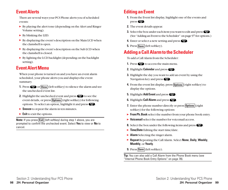 Event alerts, Event alert menu, Editing an event | Adding a call alarm to the scheduler | Sanyo Scp 8100 User Manual | Page 57 / 115