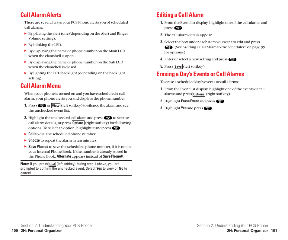Call alarm alerts, Call alarm menu, Editing a call alarm | Erasing a day’s events or call alarms | Sanyo Scp 8100 User Manual | Page 58 / 115
