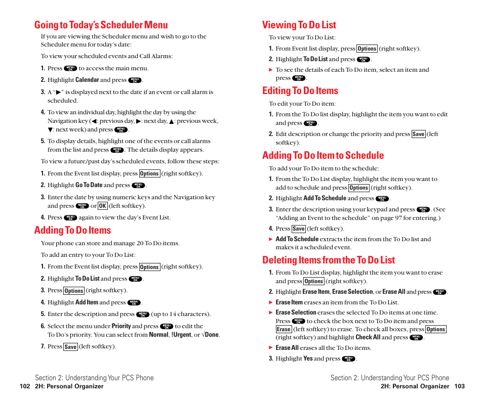 Going to today’s scheduler menu, Adding to do items, Viewing to do list | Editing to do items, Adding to do item to schedule, Deleting items from the to do list | Sanyo Scp 8100 User Manual | Page 59 / 115