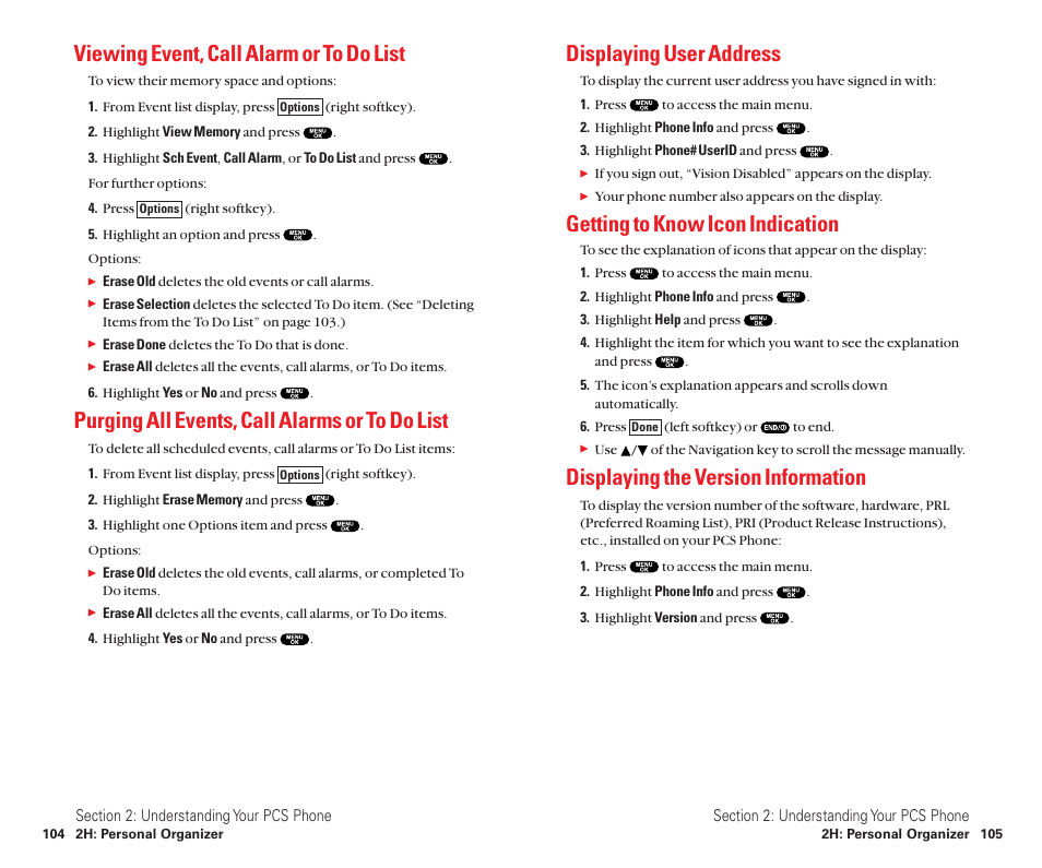 Viewing event, call alarm or to do list, Purging all events, call alarms or to do list, Displaying user address | Getting to know icon indication, Displaying the version information | Sanyo Scp 8100 User Manual | Page 60 / 115