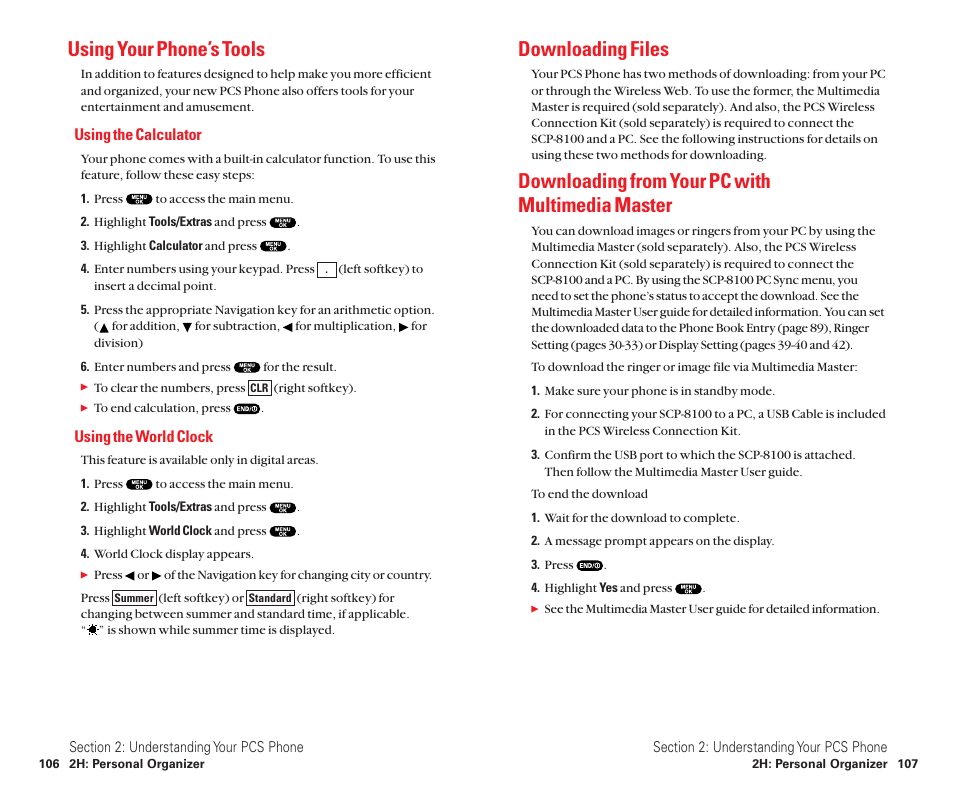 Using your phone’s tools, Using the calculator, Using the world clock | Downloading files, Downloading from your pc with multimedia master | Sanyo Scp 8100 User Manual | Page 61 / 115