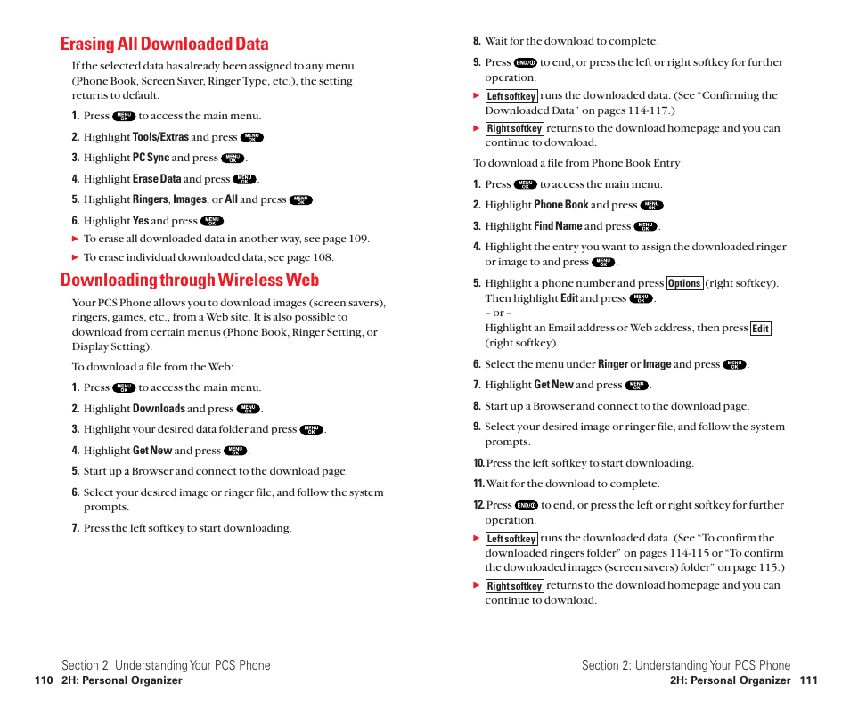 Erasing all downloaded data, Downloading through wireless web | Sanyo Scp 8100 User Manual | Page 63 / 115
