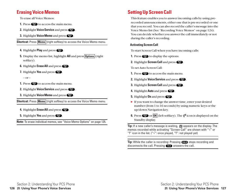 Erasing voice memos, Setting up screen call | Sanyo Scp 8100 User Manual | Page 71 / 115