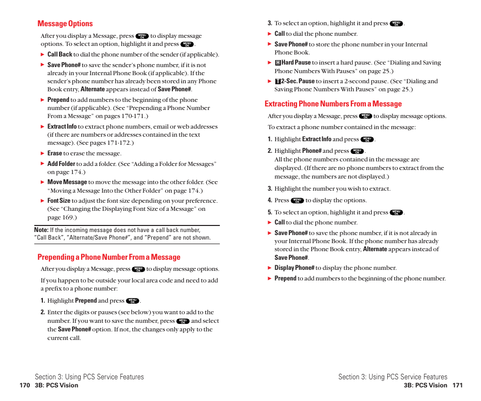 Message options, Prepending a phone number from a message, Extracting phone numbers from a message | Sanyo Scp 8100 User Manual | Page 93 / 115