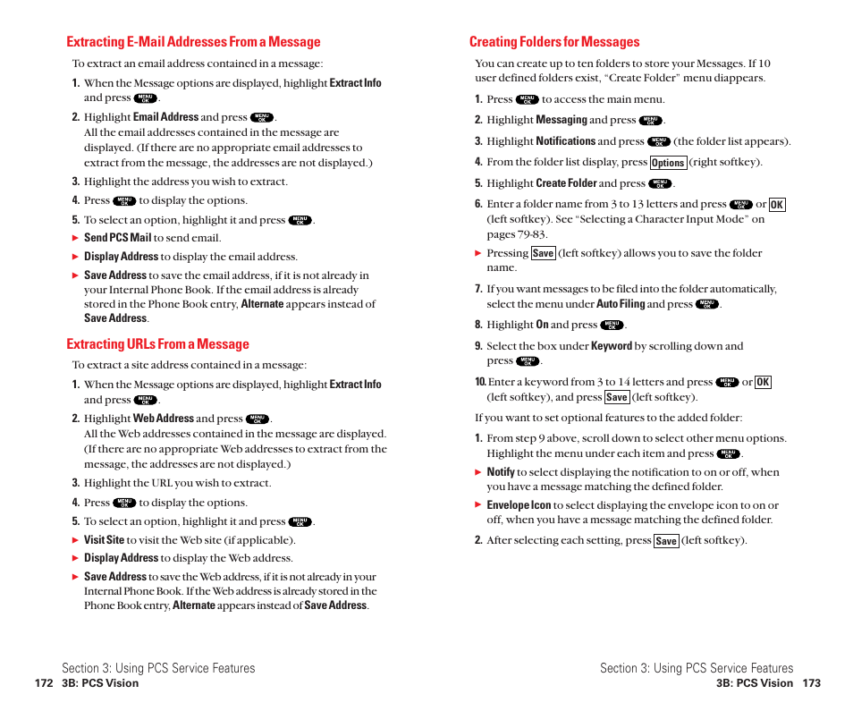 Extracting e-mail addresses from a message, Extracting urls from a message, Creating folders for messages | Sanyo Scp 8100 User Manual | Page 94 / 115