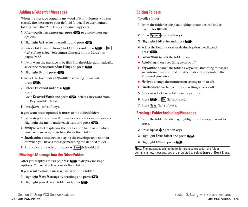 Adding a folder for messages, Moving a message into the other folder, Editing folders | Erasing a folder including messages | Sanyo Scp 8100 User Manual | Page 95 / 115