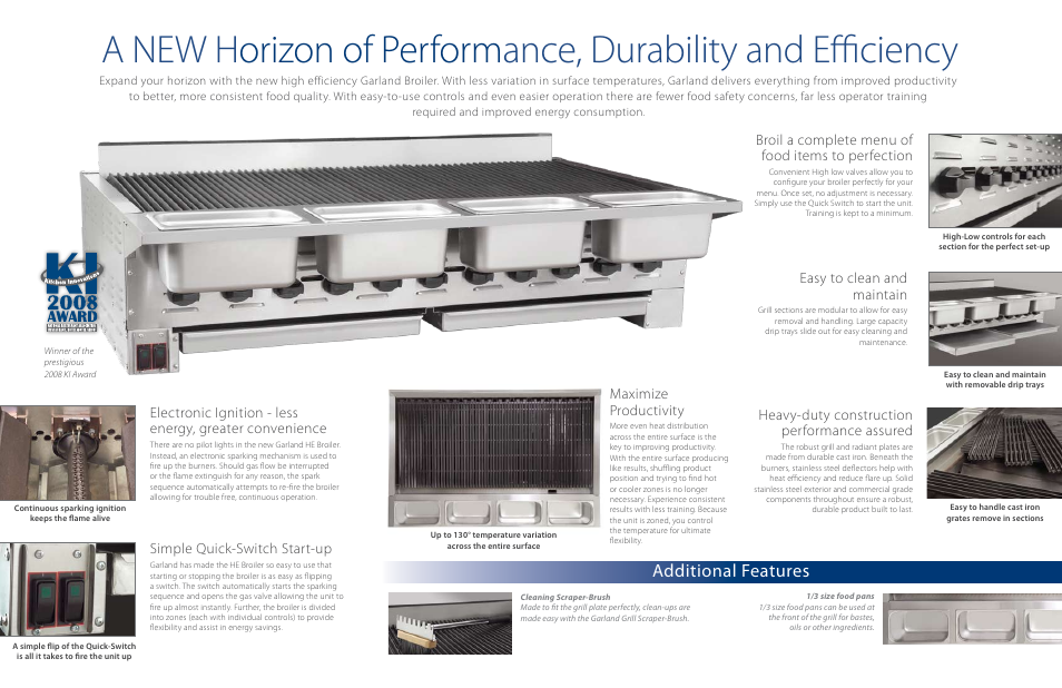 Additional features, Broil a complete menu of food items to perfection, Easy to clean and maintain | Heavy-duty construction performance assured, Maximize productivity, Simple quick-switch start-up | Garland Enodis HEEE-60Cl User Manual | Page 2 / 2