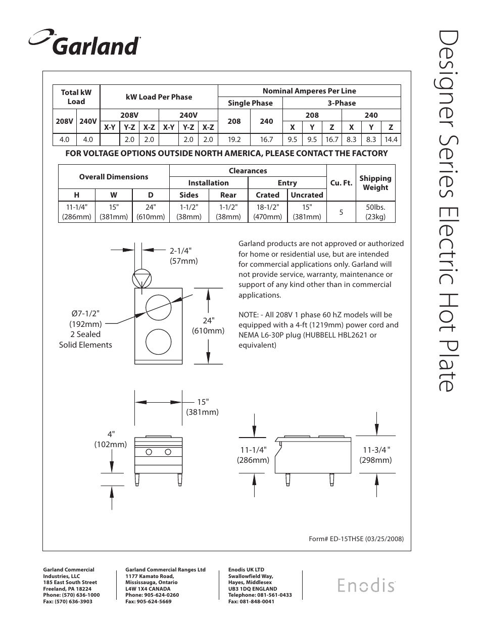 Des ig ne r s eri es ele ctr ic h ot pla te | Garland ED-15THSE User Manual | Page 2 / 2