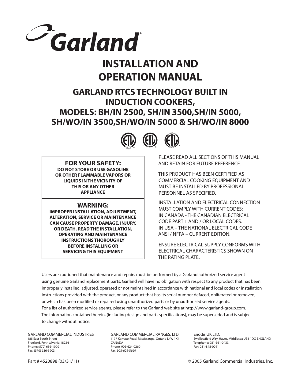 Garland SH/IN 5000 User Manual | 28 pages