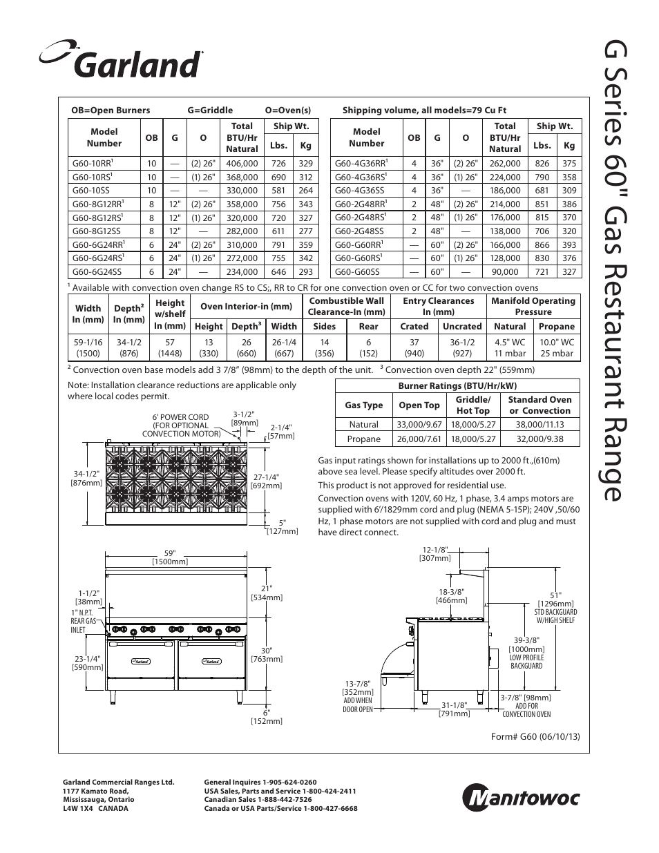 G s er ies 60" g as r estaur an t r ange | Garland G60-10RR User Manual | Page 2 / 2