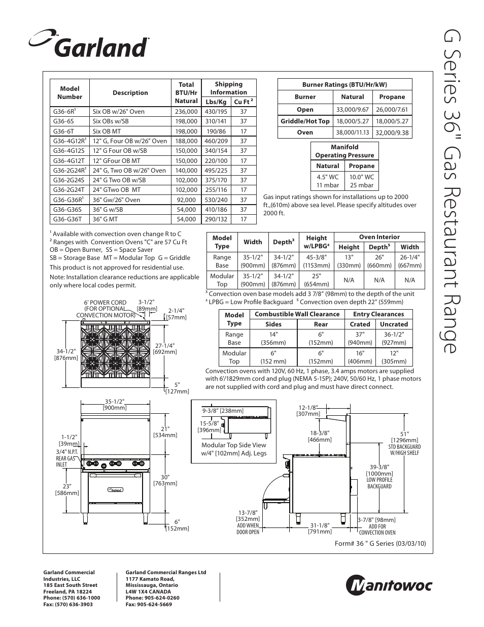 Gse rie s 3 6" g as r es ta ura nt ra ng e | Garland G SERIES G36-4G12S User Manual | Page 2 / 2