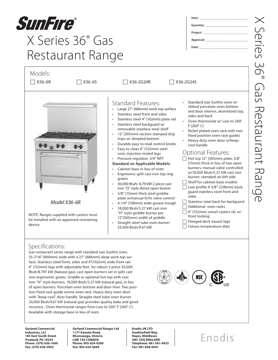 Garland SunFire X Series 36" User Manual | 2 pages