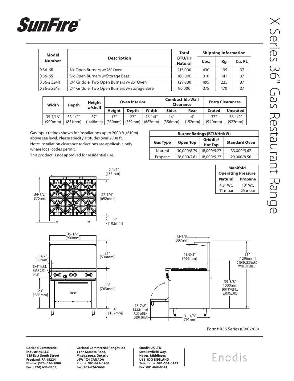 X s er ies 36" g as r estaurant r ange | Garland SunFire X Series 36" User Manual | Page 2 / 2